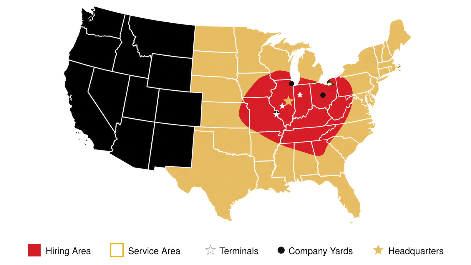 Map of McLeod Express hiring area, terminal locations, company yards and headquarters.